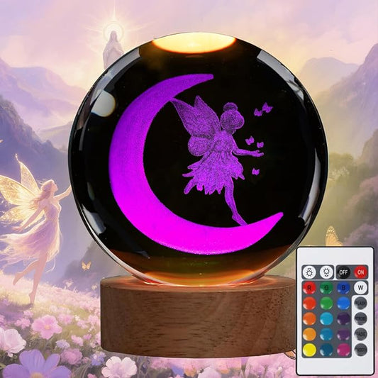 Moon Fairy Night Light, Tooth Fairy Gifts, K9 3.15 Inch (80mm) Crystal Ball Lamp with 16 Colors Remote Upgraded Lamp for Birthday Xmas Cool Fairygirl Figurines Gifts for Room Decor Boys Girls