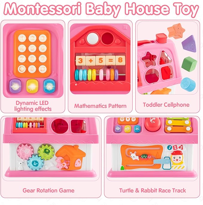 Montessori Toys for 1 Year Old, Baby Music Toys for 1 Year Old Girl Gift, 12-in-1 Musical House Toddler Learning Toy for 1 2 3 Ages, First Birthday Gifts for Girls and Boys, Educational Toy, (Pink)