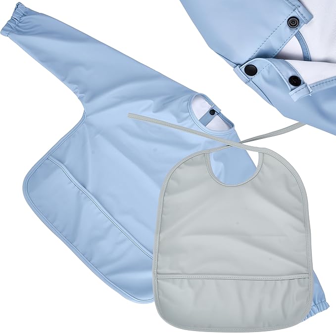 CHILDLIKE BEHAVIOR Baby Smock Bib - Waterproof Travel Buddy, Mess-Proof Feeding - Long Sleeves, Gentle Closure- Two-Layer