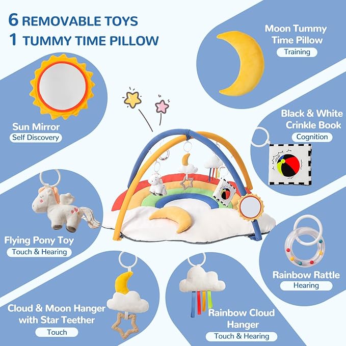 Baby Gym Play Mat with 6 Detachable Toys, Tummy Time Mat for Floor, Promote Motor Skills & Sensory Development Mat for Infant, Washable Baby Activity Mat, Easy to Install, Baby Essentials Gift-Rainbow