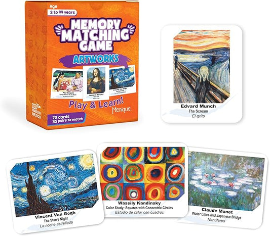 Menique Memory Matching Game – Famous Paintings for Adults & Kids – 70 Cards (35 Pairs) – Bilingual Art Game – Educational & Concentration Activity