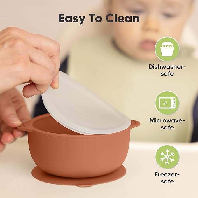 KeaBabies 2-Pack Baby Bowls with Suctions, Lids - Silicone Toddler Suction Bowls for Baby Boy, Girl, Kids, Food Grade Silicone, BPA-Free, Dishwasher Safe, Toddler Eating Essentials (Terracotta)