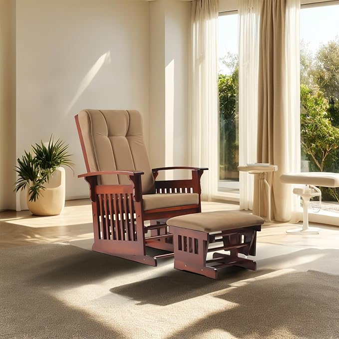 Solid Wood Rocking Glider Chair with Ottoman Cushion Set, Antique Rocking Chair with Arm Rest for Nursery Living Room Bedroom, Brown Yellow