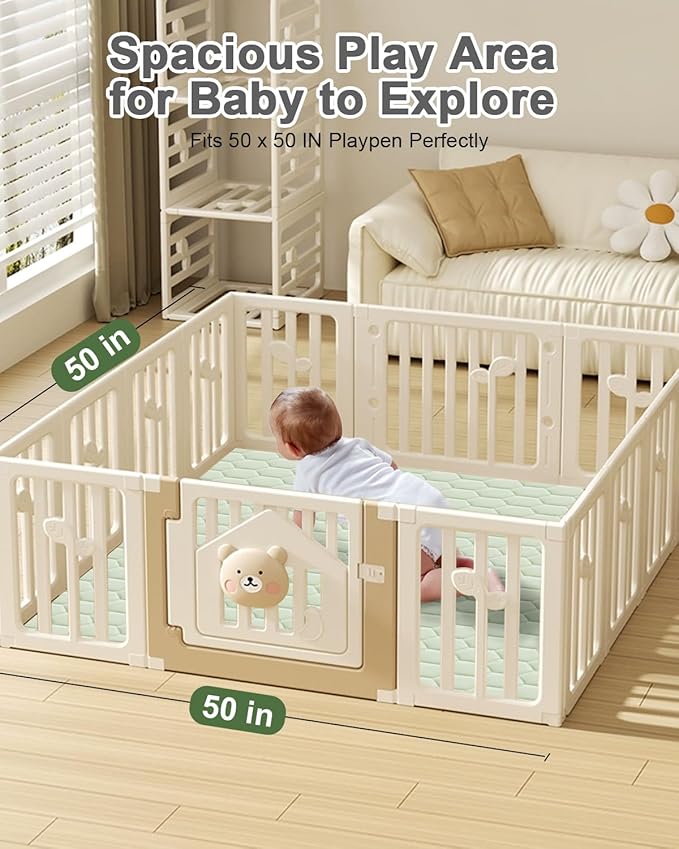 Premium Foam Baby Play Mat 50" x 50" with Removable Cover, Extra Thick Padding Playpen Mat, Non-Slip Floor Mat, Stylish & Easy to Clean for Crawling Baby, Infants & Toddlers, Green