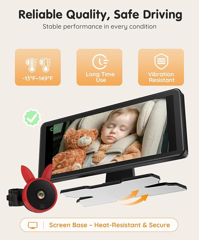 Babyvue BV3 PRO Baby Car Camera for 2 Kids - 7.2" Large HD Display Dual Channel Baby Monitor, 1080P IR Night Vision Car Seat Camera, Easy Install Rear-Facing View – Ideal for Kids and Pet Safety