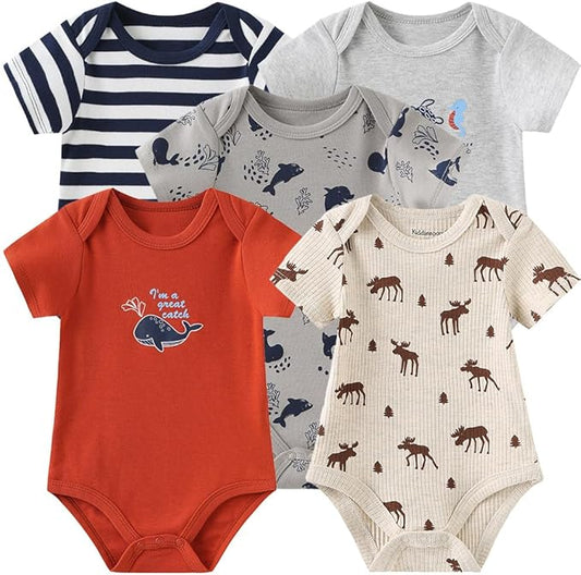 Kiddiezoom Newborn Baby Unisex Cotton One-Piece Bodysuits Baby Gift 5-Pack Baby Clothes