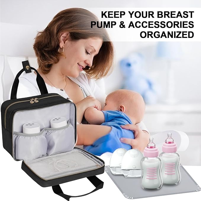 Wearable Breast Pump Bag with Insulated Breastmilk Cooler - Compatible with Momcozy/Willow/Elvie/Spectra/Medela, Portable Pumps Carrying Case with Waterproof Mat for Working Mom