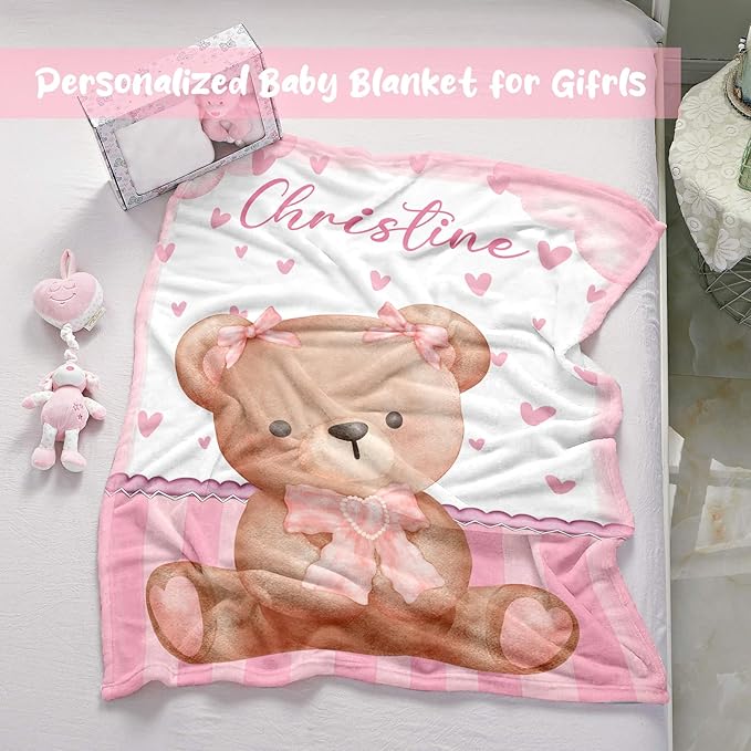 Personalized Baby Blanket for Girls, Custom Baby Blanket with Name, Soft Cozy Personalized Name Blankets for Kids, Customized Bear Blanket for Infant Toddler Birthday Christmas