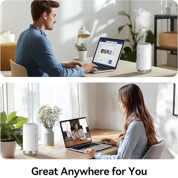 Portable Mini Humidifier, KQLKJ 350ml Small Cool Mist Humidifiers, USB Personal Desktop Humidifier for Bedroom Car Office Travel with Auto Shut-Off & 2 Mist Modes (White)