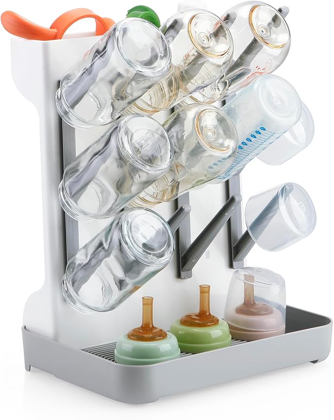 PandaEar Baby Bottle Drying Rack, Vertical Space-Saving Bottle Dryer Stand for Countertop with Removable Water Tray & Pegs, Holds Bottles, Nipples, Sippy Cups & Accessories, Grey