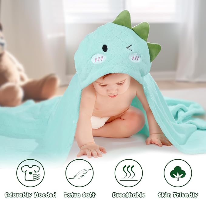 Baby Bath Towels Hooded, Dinosaur Thick Toddler Hooded Towel for Boy Age 0-5， 50" x 32" Large Size Soft Absorbent Coral Fleece Shower Gift for Kids,Beach Comfort Quick-Drying Green Dinosaur