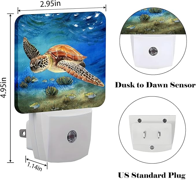 Sea Turtle Corals Fish Night Light,Plug Into Wall for Boys Girls Bedroom Decorative Square Night Light Lamp 0.5w Sleep Friendly