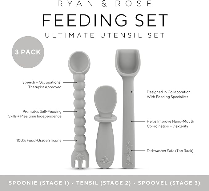 Ryan & Rose Ultimate Baby Utensil Set of 3 Silicone Baby Spoons Silicone feeding set for baby led weaning, self feeding 6 months, toddler utensils (Slate)
