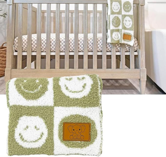 Checkered Smiley Face Baby Blanket 28"x40" - DreamSoft Knit Throw for Crib, Stroller or Car Seat -Receiving Blanket/Newborn Nursery Gift Essential Toddler, Infant, Kids Boys & Girls (Sage Green/White)