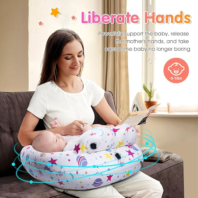 Inflatable Nursing Pillow for Breastfeeding – Travel Baby Feeding Cushion for Mom Support, Adjustable Waist Strap, Removable 100% Cotton Cover – Portable Newborn Essentials