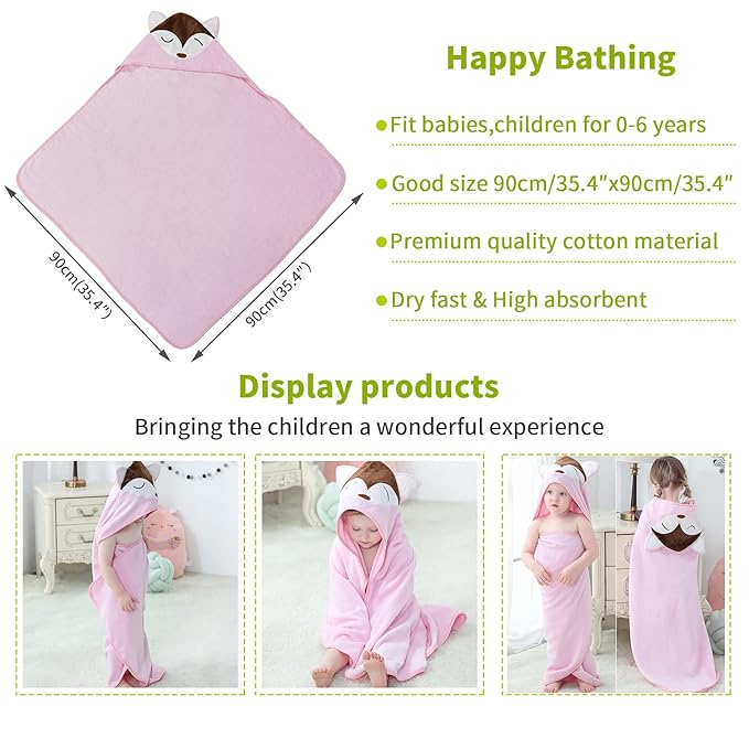 MICHLEY Unisex Baby Animal Hooded Bath Towel Soft Cotton Beach Swimming Bathrobe for 0-6T, Pink Fox