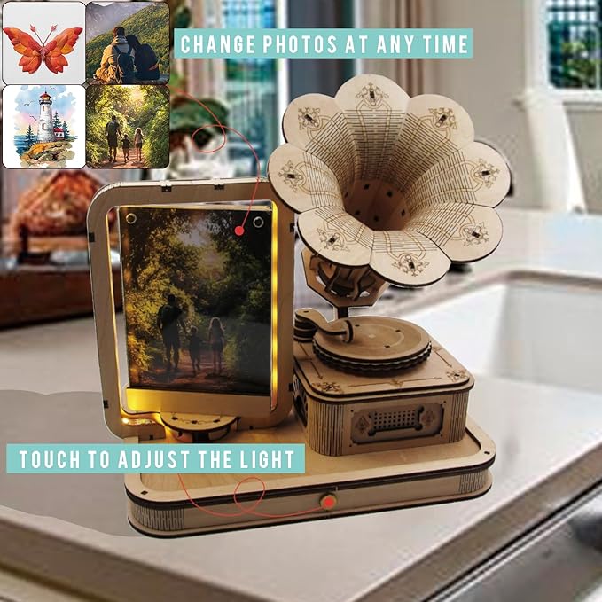 CUBERIE 3D Puzzles for Adults, Gramophone Wooden Model kit Music Box Gifts for Woman Man, Assembly Three-D Wood Puzzle Decor with Acrylic Picture Frame, Toys for Ages 14 and up