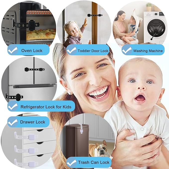 Fursafe&Q Cabinet Locks Baby Proofing, Baby Drawer Safety Locks -Adhesive Child Safety Lock Straps Adjustable Door Latch for Fridge Toilet Oven No Drill Furniture Kitchen Lock