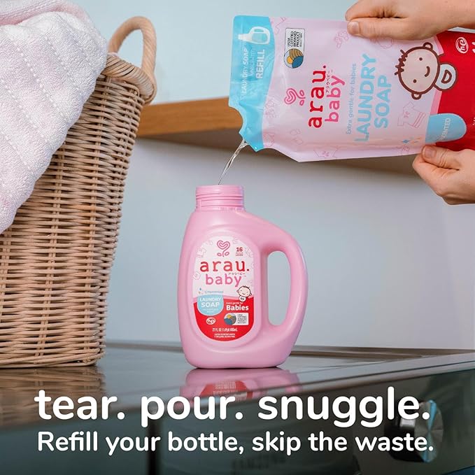 Arau Baby Laundry Soap Refill, Unscented, Plant Based Formula, Safe for Sensitive Skin, Baby Laundry Detergent with No Artificial Fragrance or Additives, Newborn and Baby Clothes, 24.3 Fl Oz