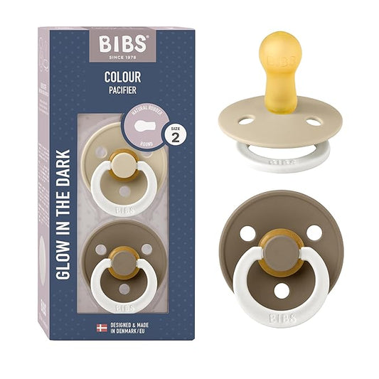 BIBS Pacifiers Colour Collection | Natural Rubber Baby Pacifier | Set of 2 BPA-Free Soothers | Made in Denmark | 6+ Months (Pack of 2) | Vanilla Night/Dark Oak Night