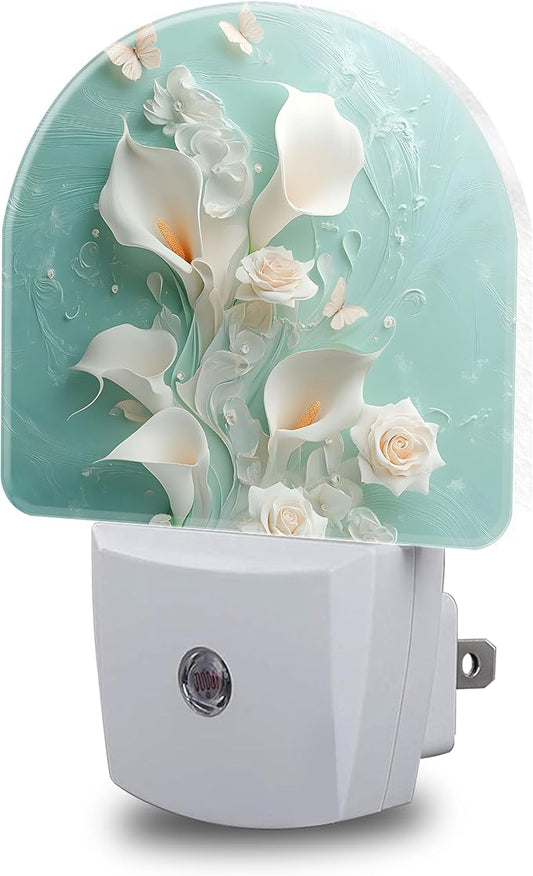 Night Light, White Calla Lilies and Butterflies Night Lights Plug into Wall Dusk to Dawn Sensor Round Nightlight for Women Men Energy Efficient Led Lamp 0.5W for Stairway Hallway Bedroom