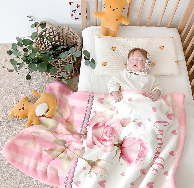 Personalized Baby Blanket for Girls, Custom Baby Blanket with Name, Soft Cozy Personalized Name Blankets for Kids, Customized Flowers Blanket for Infant Toddler Birthday Christmas