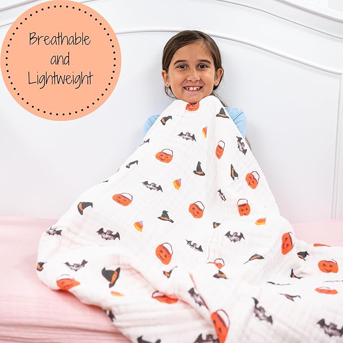 LollyBanks Muslin Baby Blanket 100% Organic Cotton, Muslin Quilt Lightweight, 6 Layers Soft Blanket Neutral, 47"x 47" Toddler Blankets for Girls and Boys (Pumpkin,Bat,Witch Hat/Halloween Print)