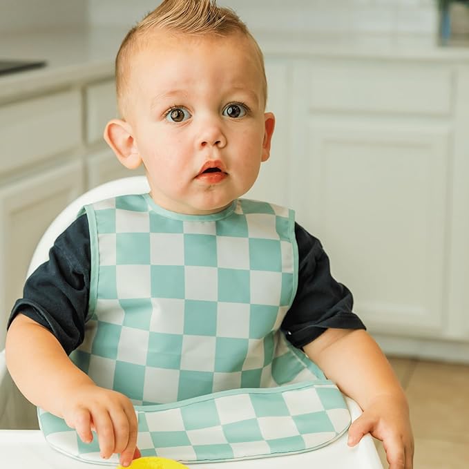 Twinkle Short Sleeve Apron Baby & Toddler Bib – Waterproof, Mess-Proof Bibs for Eating & Feeding, Machine Washable, Perfect Holiday Gift (Green Checkers, 2-4Y)