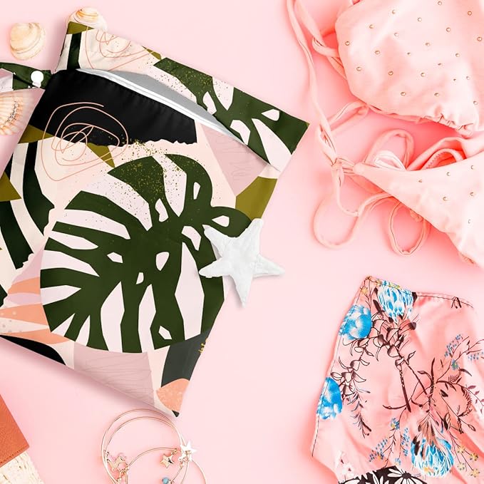 Wet Dry Bag for Swimsuit, Travel, Beach, Pool, Stroller, Diapers, Dirty Yoga Gym Clothes, Makeup Bag, Waterproof Tropical Palm Leaves Decor Jungle Palm Leaf Favors