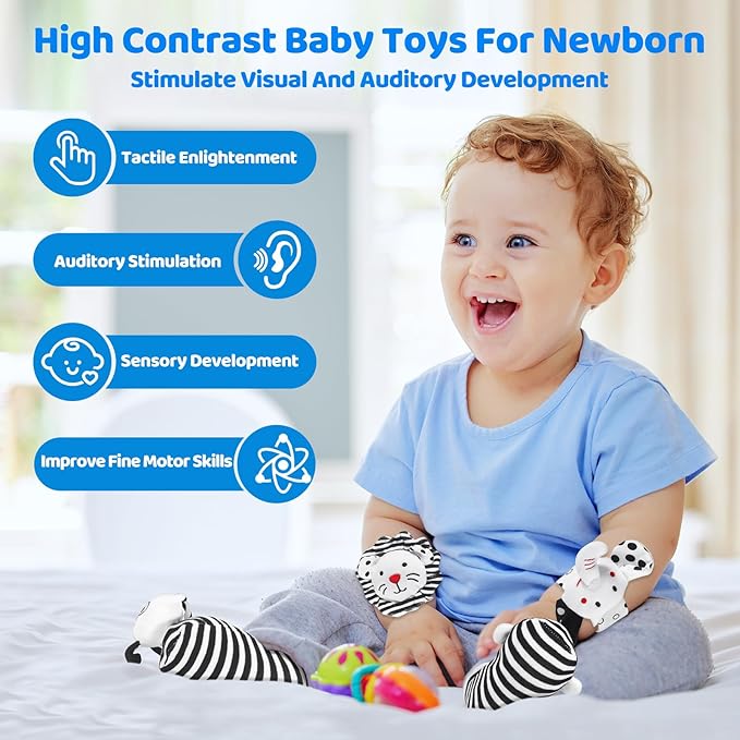 Baby Socks & Wrist Rattles Toys for 0-12 Month,Black And White High Contrast Baby Toys 0-6 Months,Baby Boy Girl Gifts 0-3 3-6month Toy,2 3 4 Month Old Baby Toys,Infant Sensory Newborn Toys