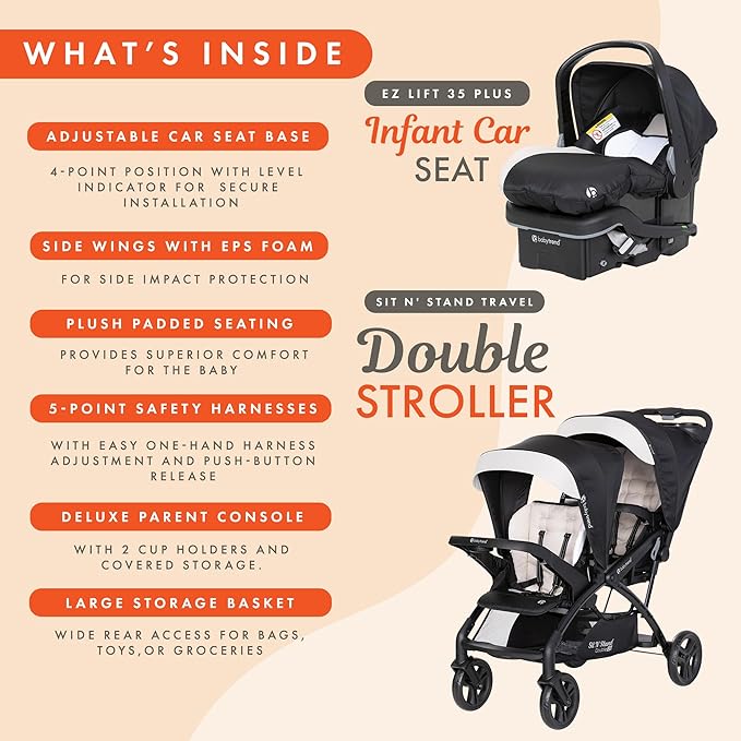Baby Trend Sit N' Stand Tandem Double Stroller w/ 2 Pack EZ-Lift Plus Infant Car Seats, Khaki
