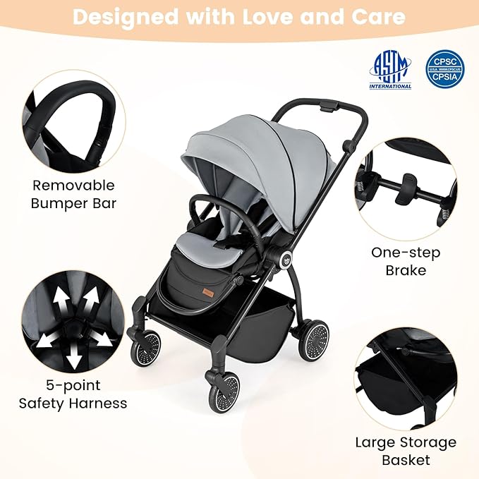 BABY JOY Baby Stroller, Foldable Toddler Stroller with Reversible Seat, Adjustable Backrest/Canopy/Handle/Footrest, Storage Basket, Suspension Wheels, Aluminum Frame (Gray)