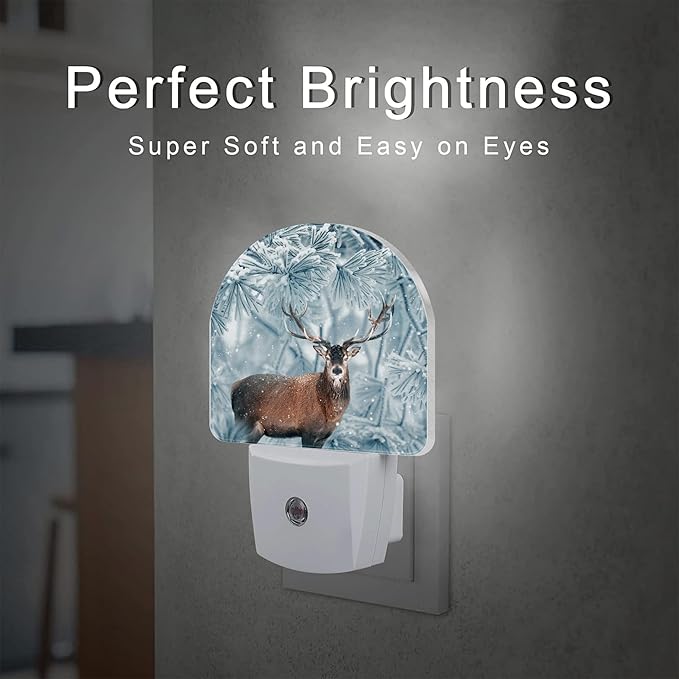 Red Deer in Winter Forest Night Light Plug into Wall, Beautiful Christmas Scenery Dusk to Dawn Night Light Plug in,0.5w Energy Saving Sleep Friendly NightLight for Kids Boys Girls Home Decor