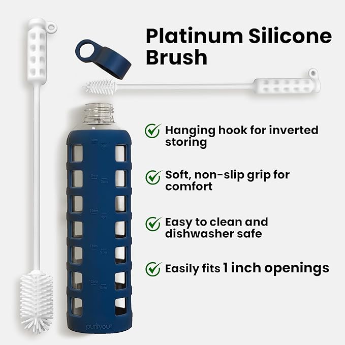 purifyou 16in & 12in Platinum Silicone Water Bottle Cleaner Brush Set with Cap Brushes, for Bottles, Tumblers, Drinking Glasses, Narrow Neck Containers, Dishwasher Safe, Durable (Set of 2, White)