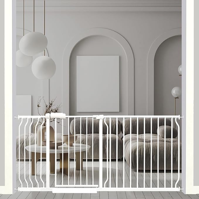 67-71.5 Inch Extra Wide Baby Gate, Pressure Mounted No Drill, Heavy-Duty Metal Safety Gate for Wide Stairs, White with Extension Kit