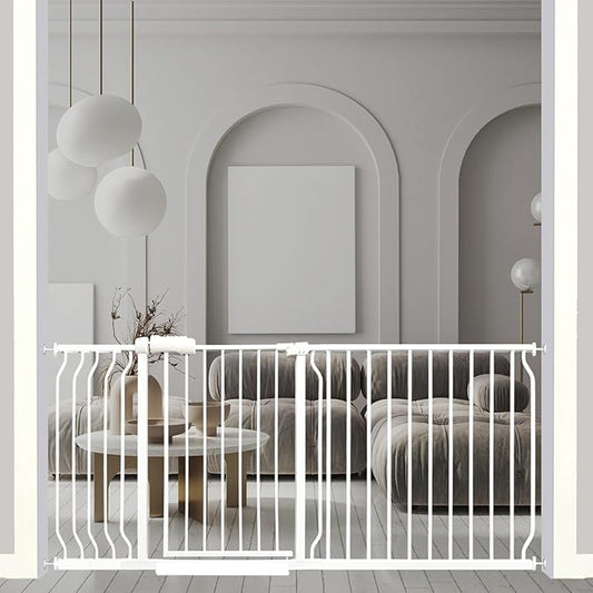 67-71.5 Inch Extra Wide Baby Gate, Pressure Mounted No Drill, Heavy-Duty Metal Safety Gate for Wide Stairs, White with Extension Kit