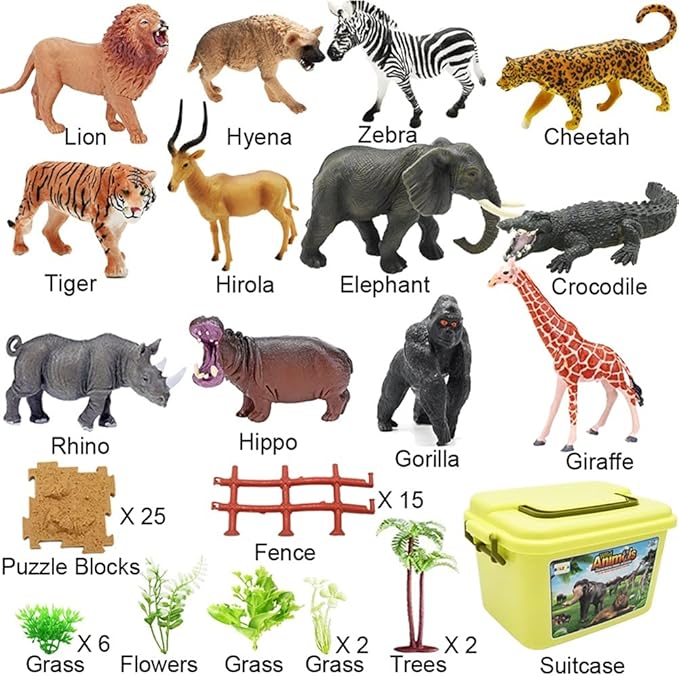 65PCS Safari Animals Figures Toys, Realistic Plastic Jungle Zoo Wild Animals with Fence Building Blocks Storage Box Christmas Birthday Gift for Kids 3-8