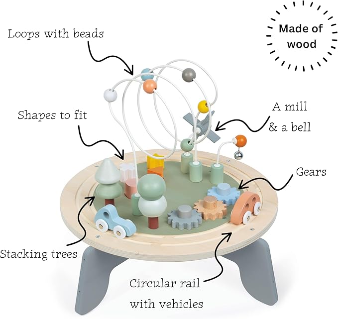 Janod J04402 Sweet Cocoon Wooden Activity Multi-Play Table Toddlers – Fine Motor Development – Non-Slip Feet – Water Painted and FSC Certified – Suitable for Age 1 Year and Above