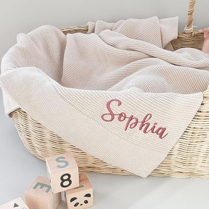 Luxury Personalized Name Knitted Baby Blanket -Embroidered, Soft Breathable Cotton Knit for Newborns - Valentine's Gift for New Moms, Baby Boy, Girl Birthday Christmas.