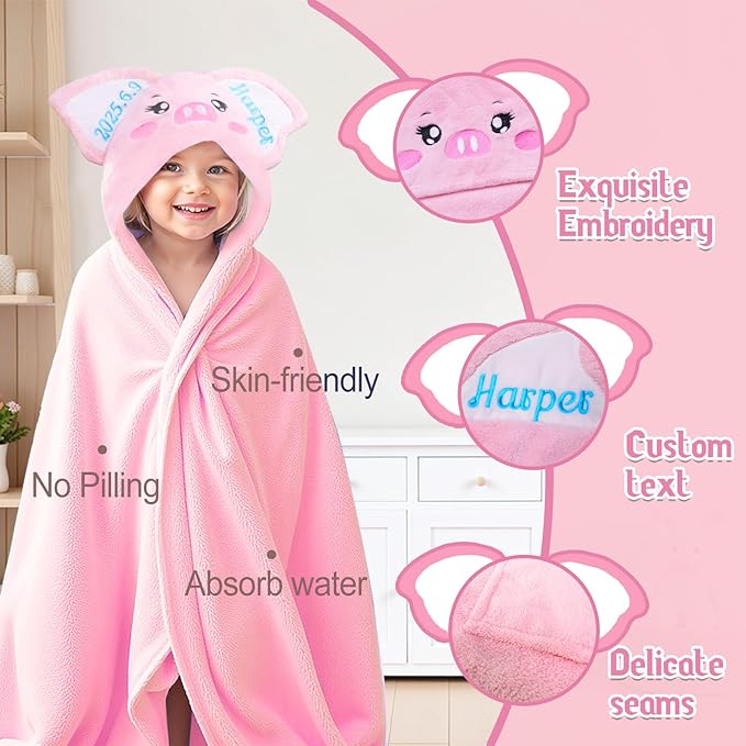 Custom Hooded Bath Towel with Name, Personalized Highly Absorbent Bunny Towels, Baby Bath Towels for Girls Boys, Brithday for Baby, Toddler, Newborn (Piglet-Pink)