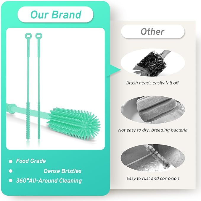 Silicone Bottle Brush with 2 Straw Cleaner Brushes,Bottle Brush Set for Cleaning Bottles,Jars,Tumblers,Thermoses,Baby Bottle,Water Bottle,Dish,Easy to Use and Dry,Heat Resistant Sturdy