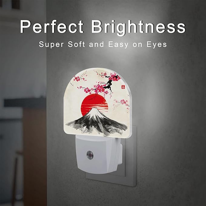 Cherry Blossoms Sun and Mountain Night Light Plug into Wall, Watercolor Ink Painting Dusk to Dawn Night Light,0.5w Energy Saving Friendly Nightlights for Kids Boys Girls Home