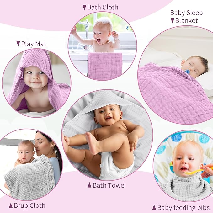 VitalCozy 6 Pcs Baby Muslin Hooded Bath Towels and Washcloths, 32 x 32 Inch Muslin Cotton Hooded Baby Towels Absorbent Blankets for Gift Newborn Infant Shower(White, Pink)