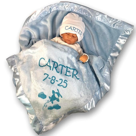 Custom Catch Ships Next Day from Vermont - Personalized Airplane Baby Blanket - Boy Name Gift - Blue or Pink (2 Text Lines)