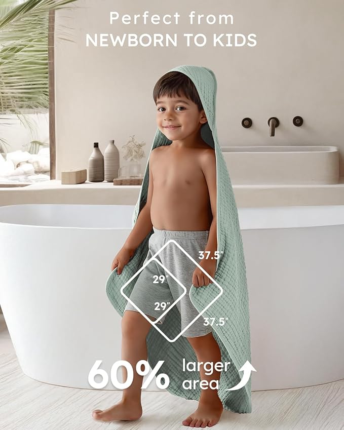 Yoofoss Hooded Baby Towels for Newborn 2 Pack 100% Muslin Organic Cotton Baby Bath Towel with Hood for Babies, Infant, Toddler and Kids, 37.5“x37.5“, Soft and Absorbent Newborn Essential,Blue&Green