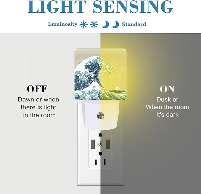 Plug in Night Lights Japanese Great Wave Nightlight Plug Into Wall Dusk to Dawn Sensor LED Night Light for Kid Girls Boys Women Men Room Decor, Hallway, Kitchen, Bathroom, Nursery, Stairs