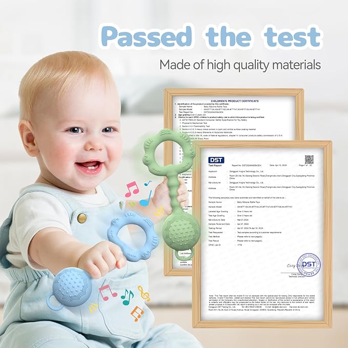 2 Pcs Baby Rattle Teether, 2-in-1 Rattle and Teether Toy for Soothing Sore Gums and Keeps Little Ones Entertained, Food Grade Silicone (Blue+Green)