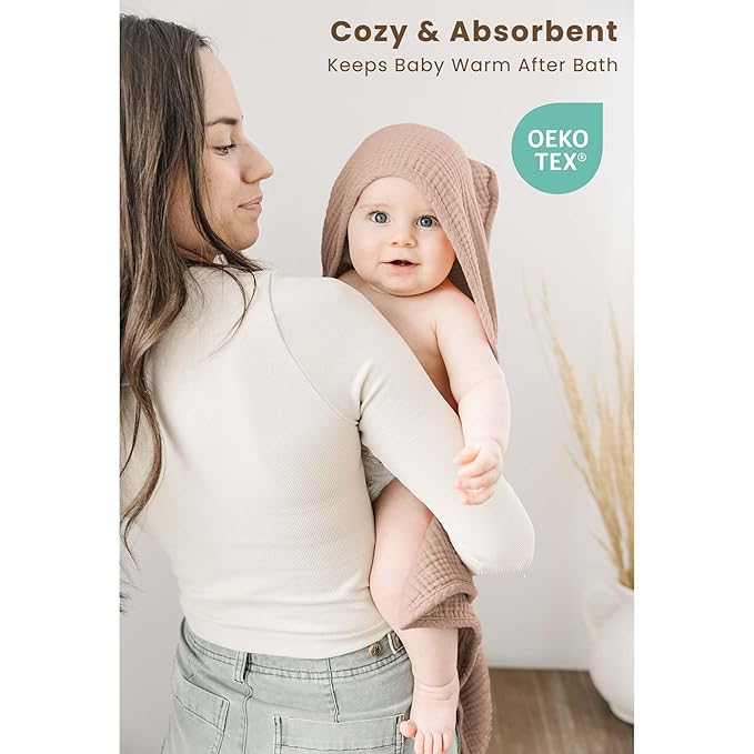Konssy 2-Pack Muslin Hooded Baby Towels, 100% Cotton, Ultra-Soft & Absorbent Baby Bath Towels with Hood for Newborn & Infant (Taupe,Soft Blooms,32" x 32")