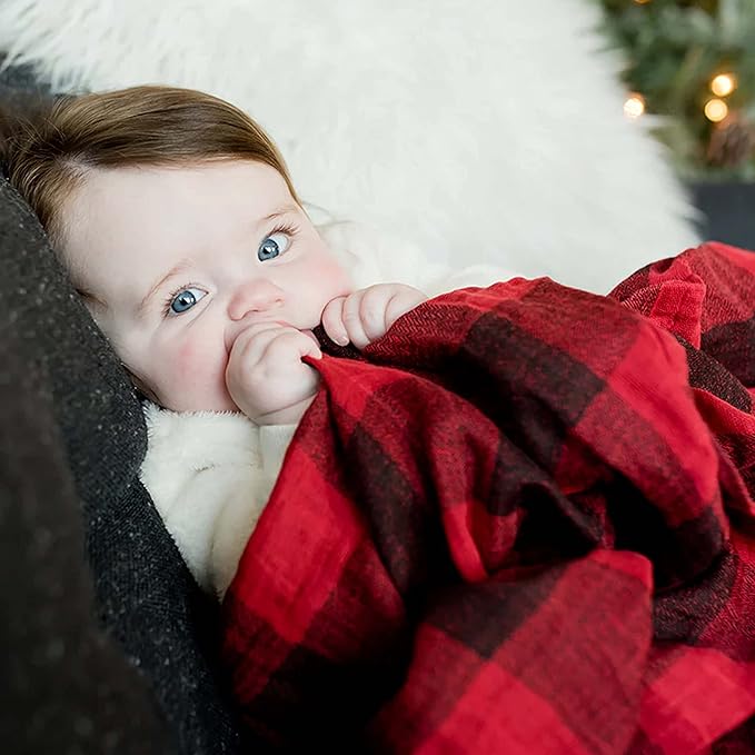 Little Unicorn Premium Cotton Swaddle Baby Blanket | Breathable Fabric | for swaddling, Play, Nursing & More (Red Plaid)