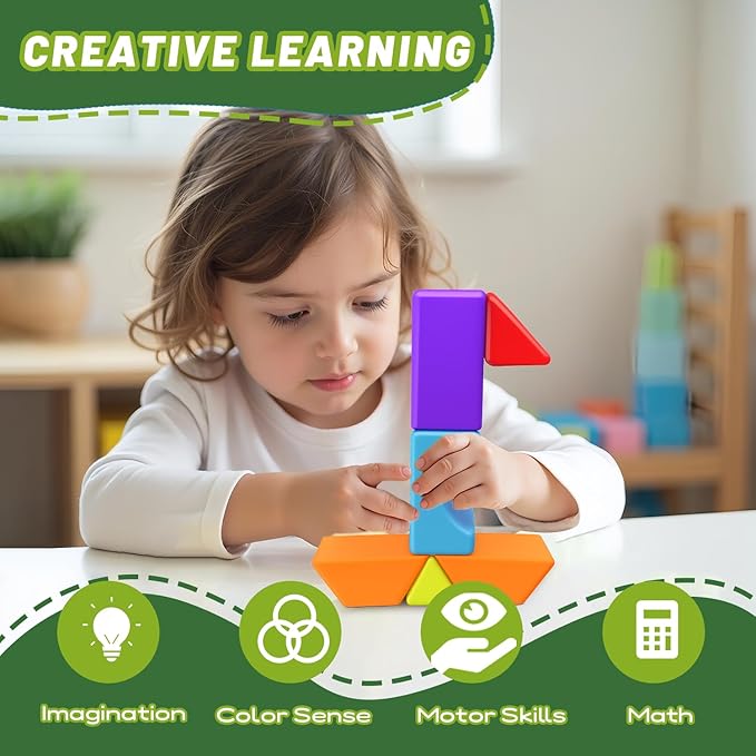Magnetic Blocks for Toddlers 3-5, Large Magnetic Building Blocks Set, Colorful Stacking Blocks in 7 Fun Shapes, Preschool Learning Kit, Montessori & Sensory Toy for Kids Ages 3+ (14PCS)